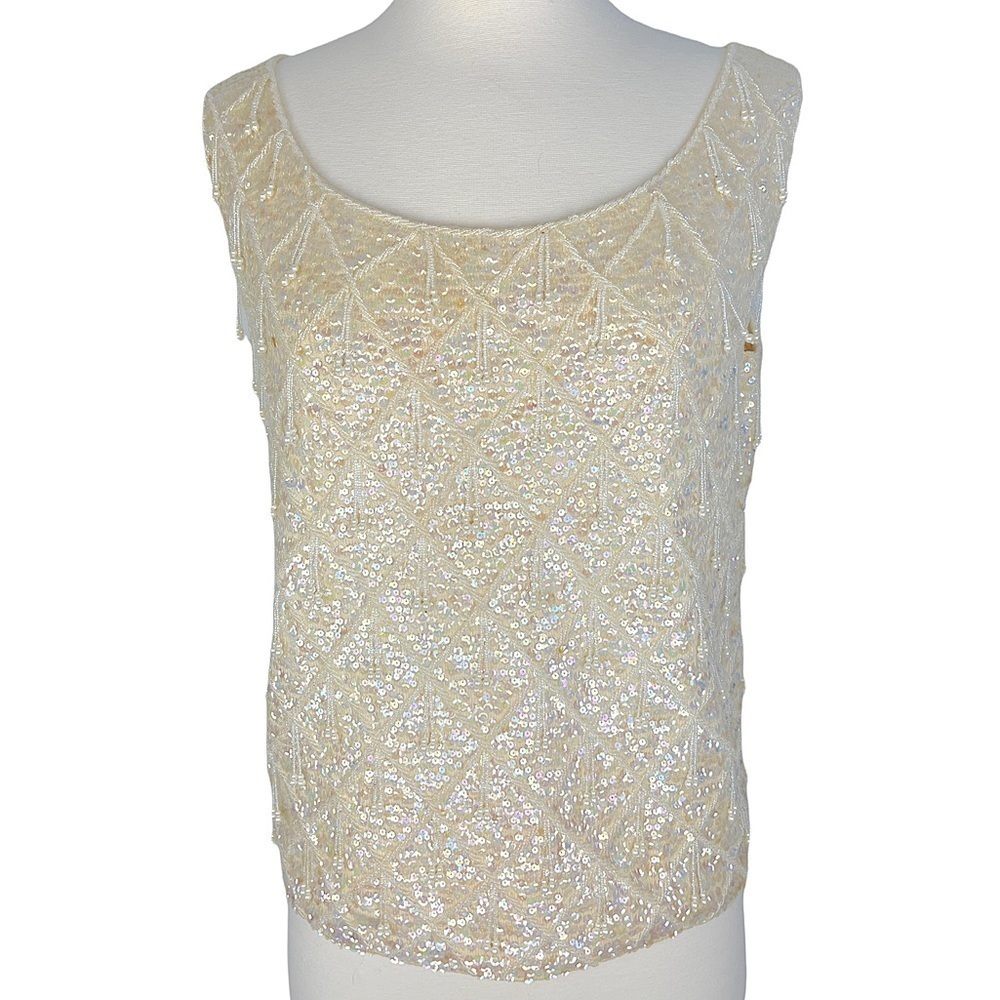 Vintage 50’s Ivory 100% Wool Sequin & Beaded Sleeveless Sweater Blouse Size 10 M